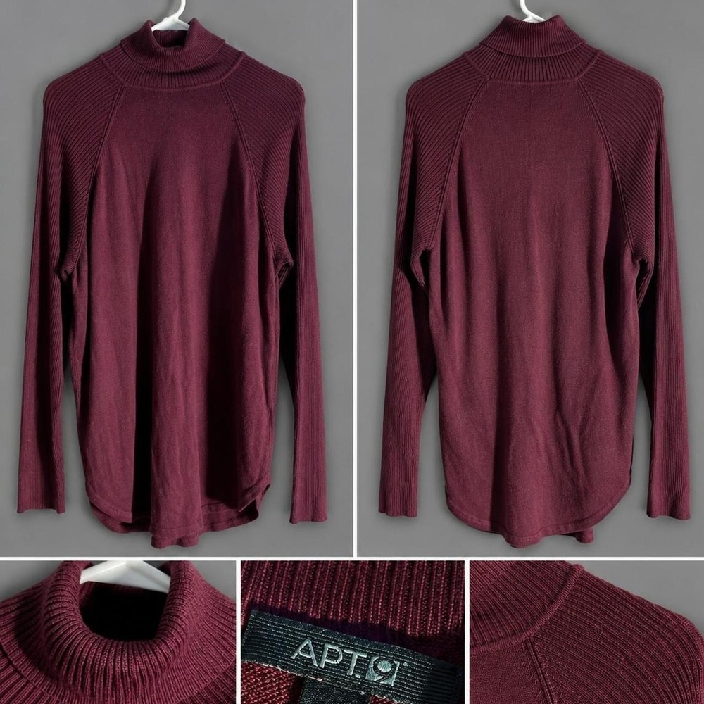 APT. 9 Burgundy Turtleneck Sweater Womens Large Long Sleeve Tunic Top Ribbed